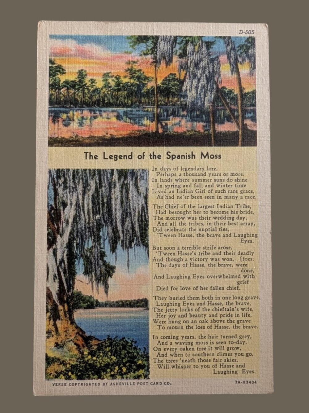 POSTCARD SALE 10/$20 Marked Linen Spanish Moss Poem Postcard